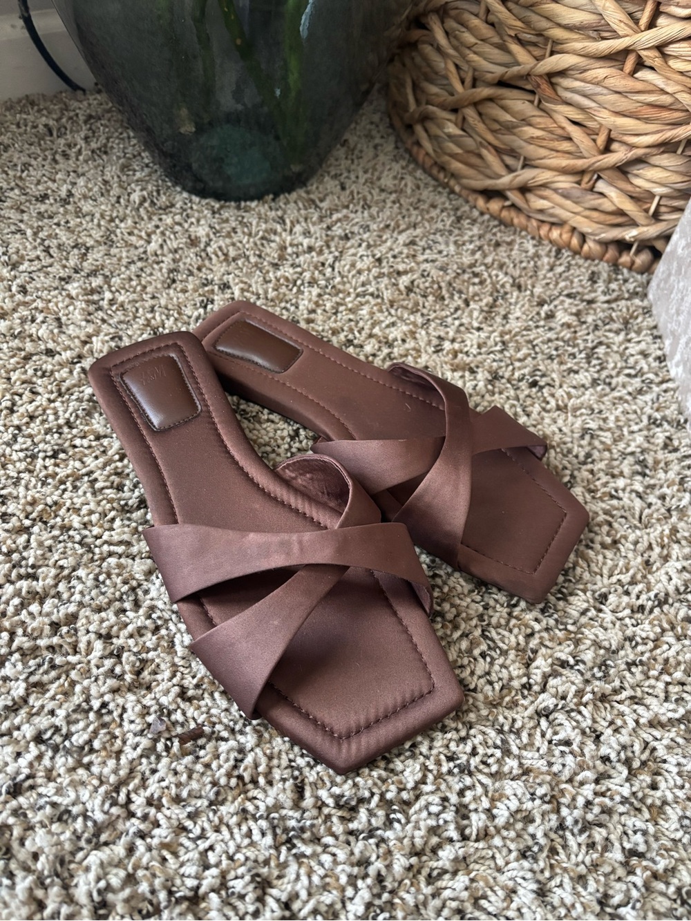 H&M Brown Satin Crisscross Square-Toe Slide Mules